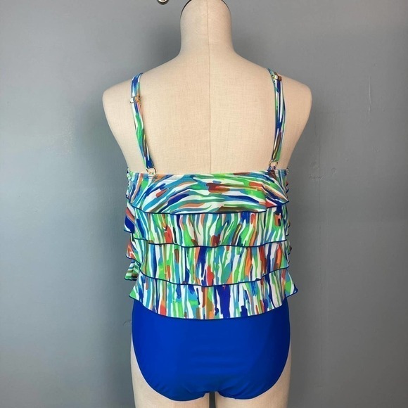 ceeb Multicolored Royal Blue Ruffle Tiered One Piece Swimsuit Women's Size 10 - Picture 5 of 12